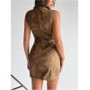 image:imageWomens PU Leather Ruched Bodycon Dresses Mock Neck Sleeveless Zipper Mini Tank DressKhaki