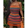 image:imageWomens Striped Crochet Mini Dress Chevron Tassel Fringe Bodycon Dress Crisscross Backless Boho Cami DressesMulticolor