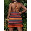 image:imageWomens Striped Crochet Mini Dress Chevron Tassel Fringe Bodycon Dress Crisscross Backless Boho Cami DressesMulticolor