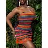 image:imageWomens Striped Crochet Mini Dress Chevron Tassel Fringe Bodycon Dress Crisscross Backless Boho Cami DressesMulticolor