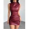 image:imageWomens Y2K Sleeveless Ruched PU Leather Dress Streetwear Mock Neck Bodycon Mini DressesBurgundy