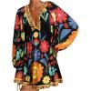 image:imageWomens Boho Floral V Neck Mini Dresses Bishop Sleeve Tie Open Back Tropical DressBlack
