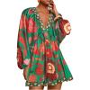 image:imageWomens Boho Floral V Neck Mini Dresses Bishop Sleeve Tie Open Back Tropical DressGreen and Red