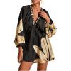 image:imageWomens Boho Floral V Neck Mini Dresses Bishop Sleeve Tie Open Back Tropical DressMulticolor Black