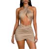 image:imageWomens Elegant Cut Out Halter Mini Dress Ruched Cross Wrap Hem Bodycon Dresses Cocktail Evening Party DressKhaki
