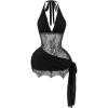 image:imageWomens Lace Sheer Mesh Bodycon Mini Dress Tie Side Wrap Ruched Hem Backless Halter Dress Party DressesBlack