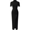 image:imageWomens Short Sleeve Maxi T Shirt Dress Mock Neck Ruched High Slit Long Casual Summer Tee DressesBlack