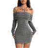 image:imageWomens Y2K Off Shoulder Foldover Knit Dress Streetwear Long Sleeve Bodycon Mini DressesGrey