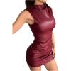 image:imageWomens Y2K Sleeveless Ruched PU Leather Dress Streetwear Mock Neck Bodycon Mini DressesBurgundy