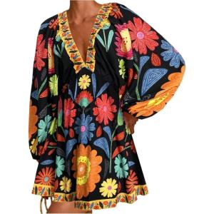 image:imageWomens Boho Floral V Neck Mini Dresses Bishop Sleeve Tie Open Back Tropical DressBlack
