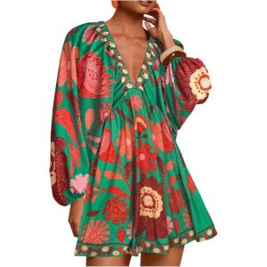 image:imageWomens Boho Floral V Neck Mini Dresses Bishop Sleeve Tie Open Back Tropical DressGreen and Red