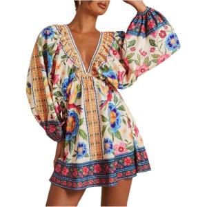 image:imageWomens Boho Floral V Neck Mini Dresses Bishop Sleeve Tie Open Back Tropical DressMulticolor