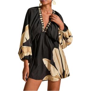 image:imageWomens Boho Floral V Neck Mini Dresses Bishop Sleeve Tie Open Back Tropical DressMulticolor Black