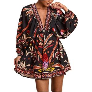 image:imageWomens Boho Floral V Neck Mini Dresses Bishop Sleeve Tie Open Back Tropical DressMulticolor Red
