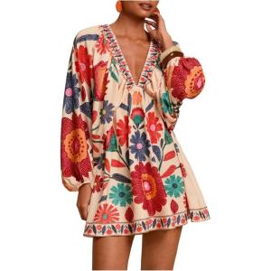 image:imageWomens Boho Floral V Neck Mini Dresses Bishop Sleeve Tie Open Back Tropical DressOrange
