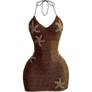 image:imageWomens Boho Sequin Mini Dress Halter Tie Back V Neck Bodycon Dresses Sparkle DressCoffee Brown