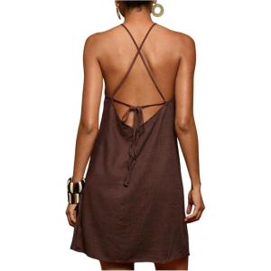 image:imageWomens Boho Tropical Tie Backless Halter Dresses Sleeveless Vacation Beach Short DressBrown