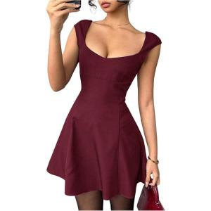 image:imageWomens Cocktail Dresses Sweetheart Neck Sleeveless Mini Dress Slim Fit High Waisted A Line DressBurgundy