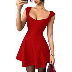 image:imageWomens Cocktail Dresses Sweetheart Neck Sleeveless Mini Dress Slim Fit High Waisted A Line DressRed