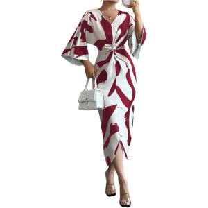 image:imageWomens Elegant Graphic Twist Front Dress 34 Ruffle Sleeve Silky Maxi Dress Bodycon Cocktail Dresses with SlitRed Violet