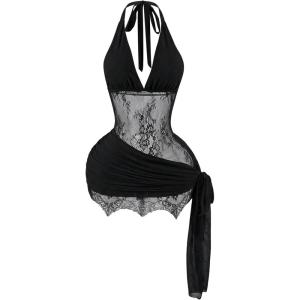 image:imageWomens Lace Sheer Mesh Bodycon Mini Dress Tie Side Wrap Ruched Hem Backless Halter Dress Party DressesBlack
