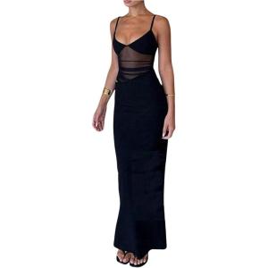 image:imageWomens Mesh Bodycon Maxi Dress V Neck Sleeveless Cami Elegant Party Wedding Formal Long DressBlack