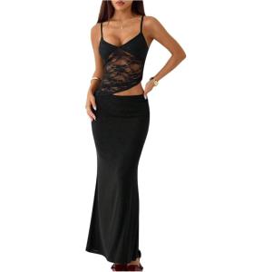 image:imageWomens Mesh Bodycon Maxi Dress V Neck Sleeveless Cami Elegant Party Wedding Formal Long DressPure Black