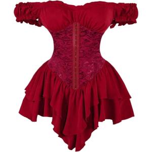 image:imageWomens Off Shoulder Corset Dress Ruffle Hem Lace Up Mini Dress Gothic Lolita OutfitsBurgundy