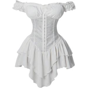 image:imageWomens Off Shoulder Corset Dress Ruffle Hem Lace Up Mini Dress Gothic Lolita OutfitsWhite
