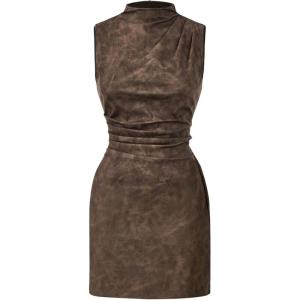 image:imageWomens PU Leather Ruched Bodycon Dresses Mock Neck Sleeveless Zipper Mini Tank DressBrown