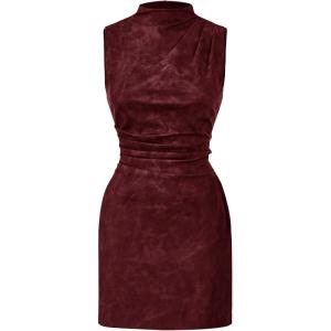 image:imageWomens PU Leather Ruched Bodycon Dresses Mock Neck Sleeveless Zipper Mini Tank DressBurgundy