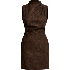 image:imageWomens PU Leather Ruched Bodycon Dresses Mock Neck Sleeveless Zipper Mini Tank DressCoffee Brown