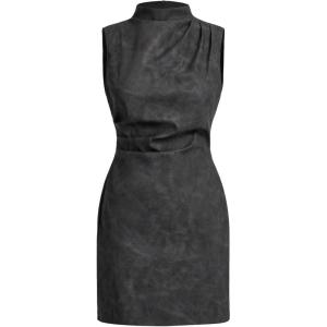 image:imageWomens PU Leather Ruched Bodycon Dresses Mock Neck Sleeveless Zipper Mini Tank DressDark Grey