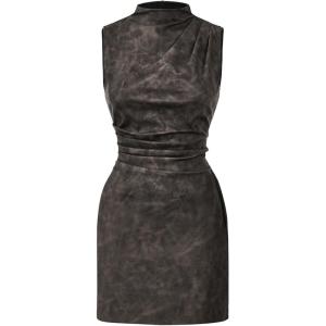 image:imageWomens PU Leather Ruched Bodycon Dresses Mock Neck Sleeveless Zipper Mini Tank DressGrey