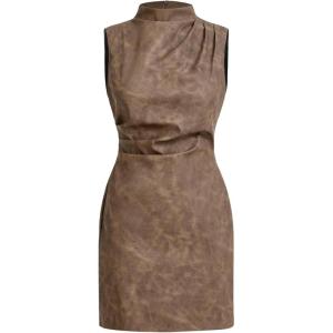 image:imageWomens PU Leather Ruched Bodycon Dresses Mock Neck Sleeveless Zipper Mini Tank DressMocha Brown