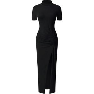 image:imageWomens Short Sleeve Maxi T Shirt Dress Mock Neck Ruched High Slit Long Casual Summer Tee DressesBlack