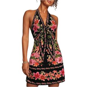 image:imageWomens Tropical Floral Backless Halter Dresses Cut Out Knot Front Sleeveless Vacation Short DressBlack