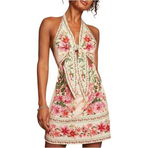 image:imageWomens Tropical Floral Backless Halter Dresses Cut Out Knot Front Sleeveless Vacation Short DressPink