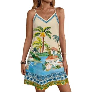image:imageWomens Tropical Graphic V Neck Mini Dresses Boho Holiday Vacation Backless Cami DressApricot
