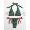 image:imageWomens 2 Piece Floral Plaid Swimsuit Halter Triangle Bathing Suit Bowknot Tie Side Bikini SetsGreen