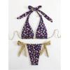 image:imageWomens 2 Piece Floral Plaid Swimsuit Halter Triangle Bathing Suit Bowknot Tie Side Bikini SetsPurple Yellow