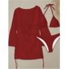 image:imageWomens 3 Piece Bikini Sets Halter Neck Bras and Panties with V Neck Long Sleeve Cover UpsRed