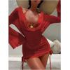 image:imageWomens 3 Piece Bikini Sets Halter Neck Bras and Panties with V Neck Long Sleeve Cover UpsRed