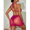 image:imageWomens Draped Halter Sheer Mesh Beach Dresses Backless Sleeveless Mini Swimsuit Cover Up BeachwearRed Violet