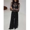 image:imageWomens Goth Floral Lace Sheer Dress Elegant Ruffle Long Sleeve Mock Neck Maxi DressesBlack