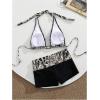 image:imageWomens Leopard Print Cheeky Bikini Sets Ring Linked Triangle Top with Color Block Shorts SwimsuitsBlack Multicolor