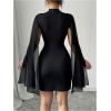 image:imageWomens Mock Neck Rib Knit Bodycon Mini Dress Slit Mesh Long Sleeve Elegant DressesBlack