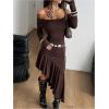 image:imageWomens Off Shoulder Long Sleeve Bodycon Long Dress Asymmetrical Ruffle Cowgirl DressesBrown