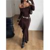 image:imageWomens Off Shoulder Long Sleeve Bodycon Long Dress Asymmetrical Ruffle Cowgirl DressesBrown