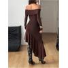 image:imageWomens Off Shoulder Long Sleeve Bodycon Long Dress Asymmetrical Ruffle Cowgirl DressesBrown